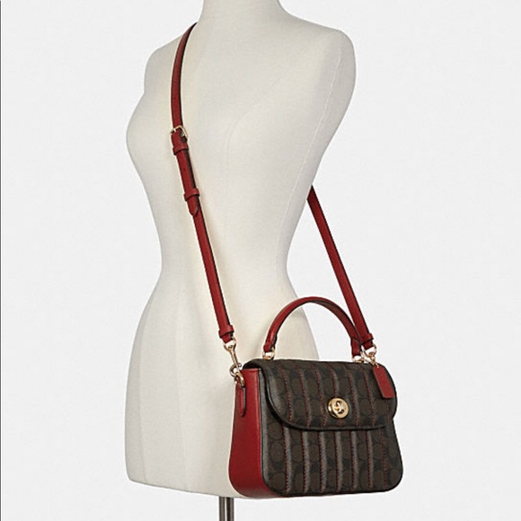 Coach Marlie Top Handle Satchel In Signature Canvas Handbag Bag Brown Red - Picture 3 of 13